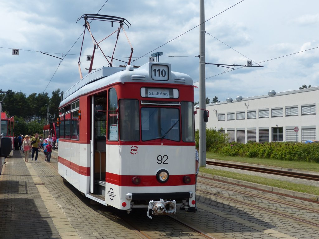 Straenbahn in VBB-Farben - Triebwagen 92 der Cottbusser Straenbahn am 15.6.2013 im Betriebswerk Schmellwitz.