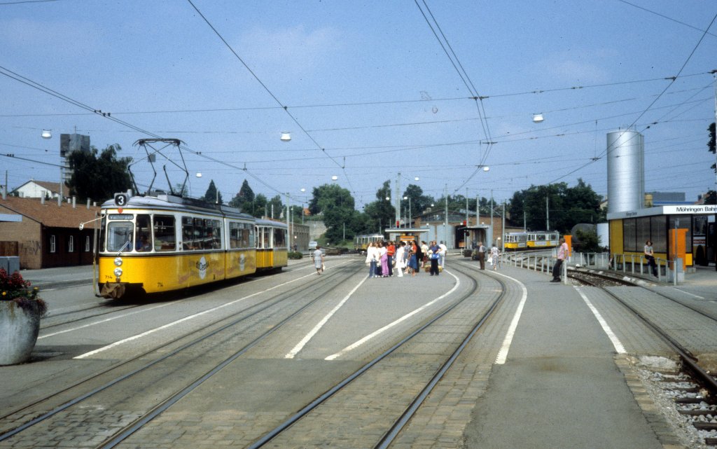 Stuttgart SSB SL 3 (GT4 714) Mhringen Bahnhof im Juli 1979.