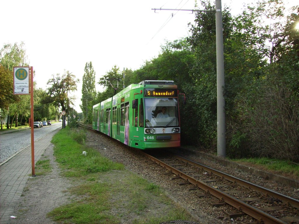 Tw 646 der HAVAG ist am 03.09.2011 in Merseburg Sd auf der Linie 5 in Richtung Ammendorf unterwegs.