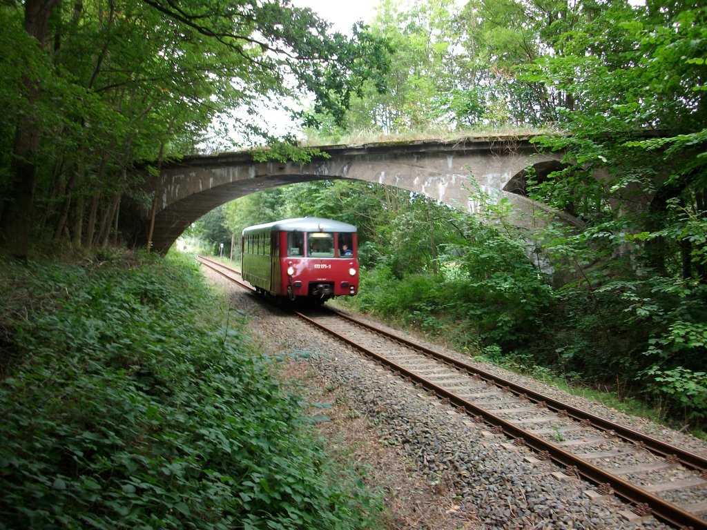 Unter dem alten Schmalspurviadukt bei Putbus,fuhr nur der Motorwagen 172 171,am 26.August 2010,hindurch.