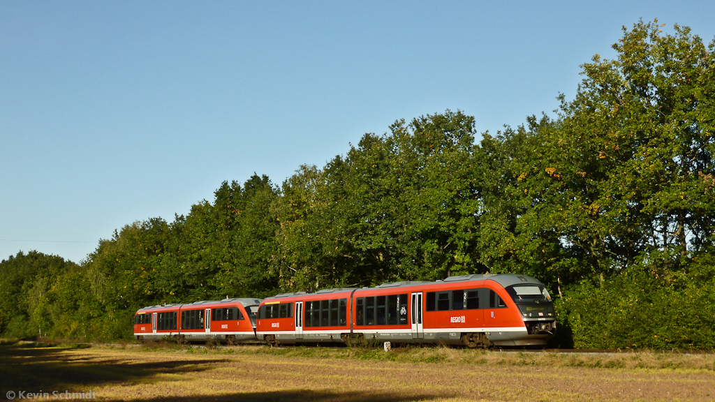 Vereinzelt waren auch Doppeltraktionen von Desiros im Dieselnetz Ostthüringen anzutreffen. Dieses Desiro-Pärchen ist gerade bei Wolfsgefärth unterwegs als RE Leipzig - Saalfeld. (30.09.2011)