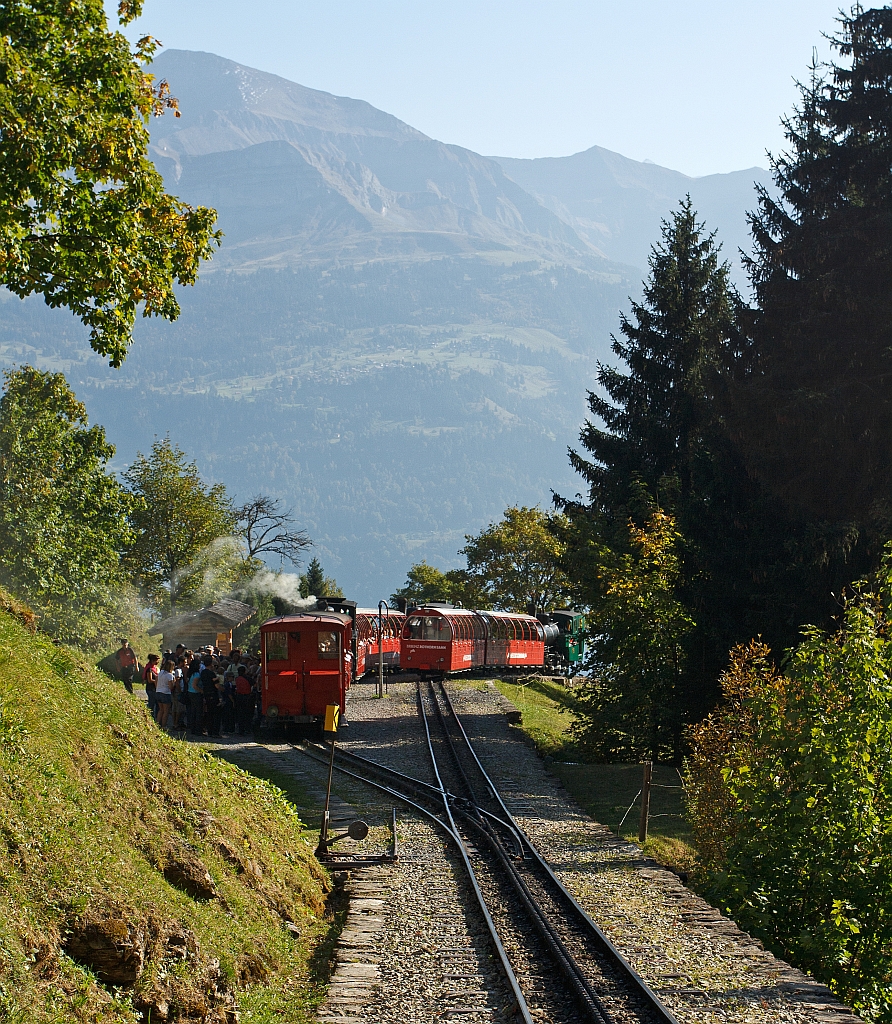 Viel Betrieb auf der Station Planalp (1346 m . M) der Brienzer Rothorn Bahn am 01.10.2011. Link die talabwrts fahrenden Zge mit der Kohle befeuerten BRB 6, dahinter die Heizl befeuerte BRB 14, rechts kommt die Heizl befeuerte BRB 16 den Berg hinauf. Viele Fahrgste wollen nun auch mit hinunter.