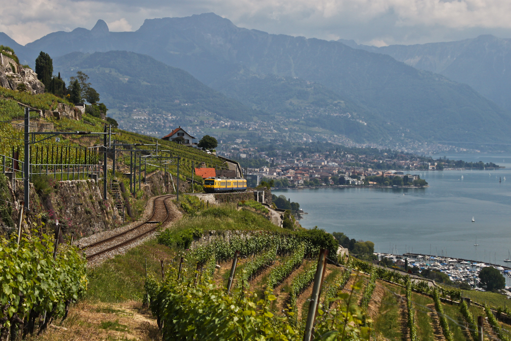 Wer im Train de Vignes in Fahrtrichtung links sitzt, hat auf der gesamten Strecke von Vevey nach Chexbres eine wunderbare Aussicht auf den Genfersee und die Rebberge des Lavaux. So auch die Fahrgste der S31 12074, die sich hier kurz vor dem 20 Meter langen Tunnel Salanfe befindet. (21.Mai 2011)