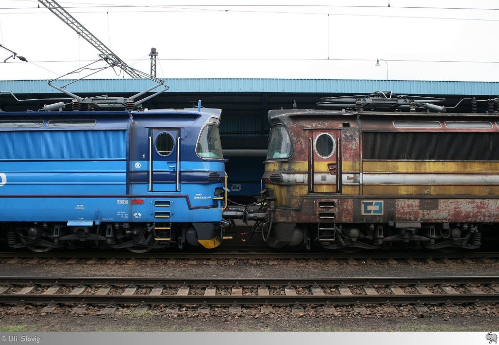 Zwei gleiche Maschinen, unterschiedliches Aussehen! Whrend Lok # 240 026-5 der CD-Cargo bereits neu lackiert ist sieht man Lok # 240 007-5 der CD-Cargo ihren jahrelangen Einsatz noch an. Die Aufnahme entstand am 1. Mai 2013 im Bahnhof Cheb (Eger).