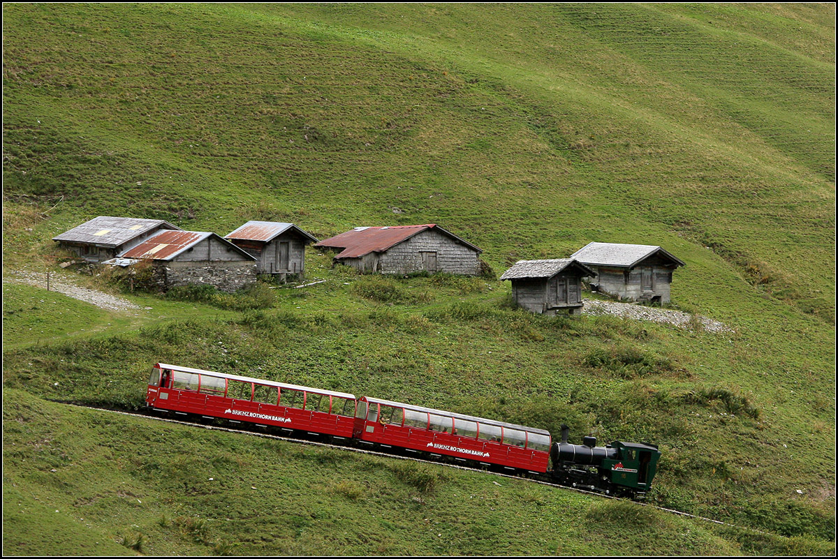 . Bergwiese mit Hütten und Zahnradbahn -

Ein Zug der Brienzer Rothornbahn auf Talfahrt oberhalb von Planalp.

29.09.2013 (M)
