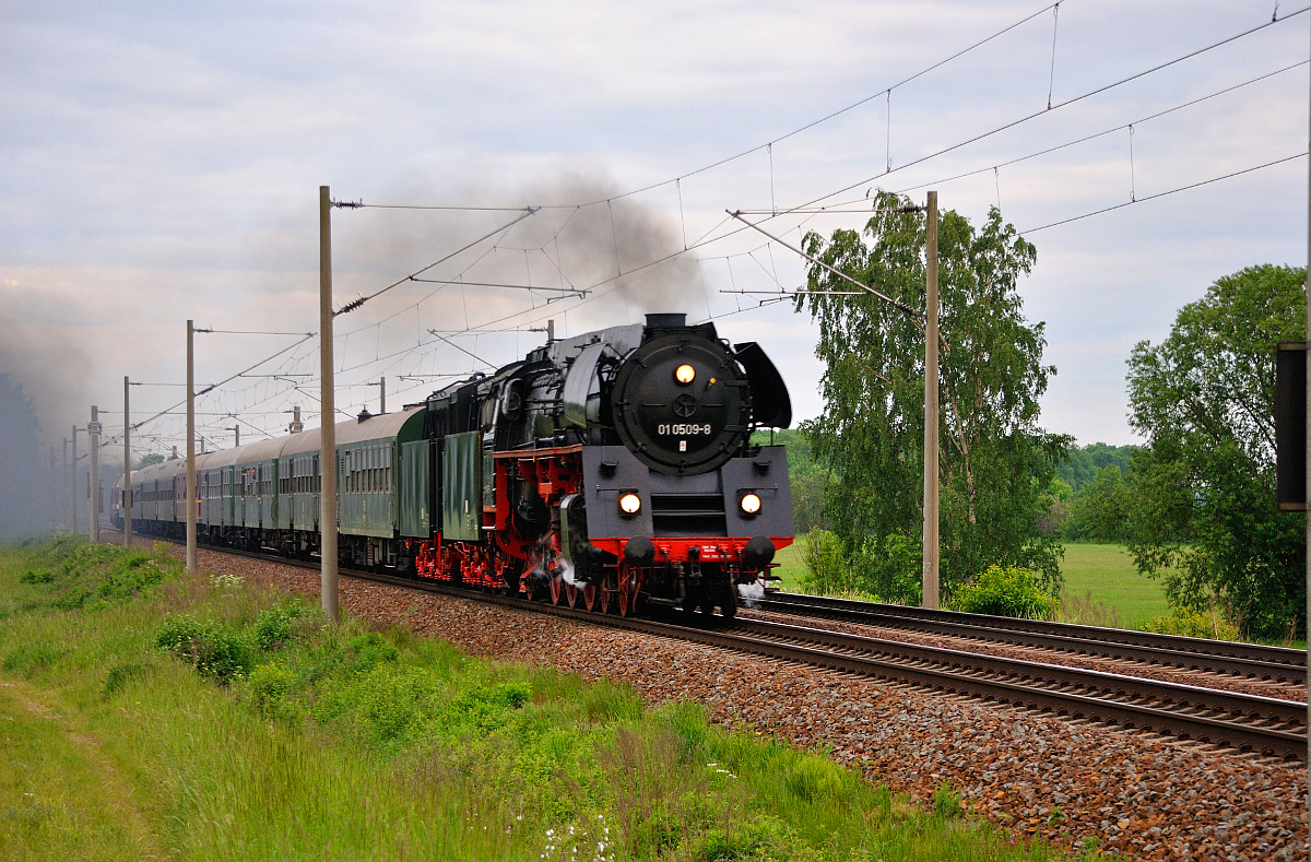 01 0509-8 mit dem Sonderzug D62142 von Leipzig HBF nach Putbus, bei Zschortau. 21.05.2016