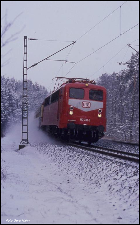 110201 mit D 1035 nach Stralsund ist hier am 14.2.1991 um 11.08 Uhr im Wald bei Ostercappeln unterwegs.