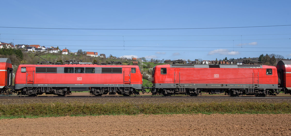 111 120 und 114 002 mit einer Leerzug Überführung von Ulm nach Stuttgart.(Uhingen 30.3.2017)