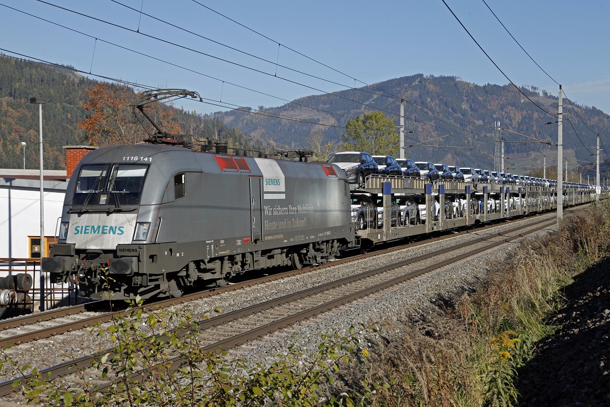 1116 141 (Siemens) mit Güterzug bei Niklasdorf am 5.11.2015.