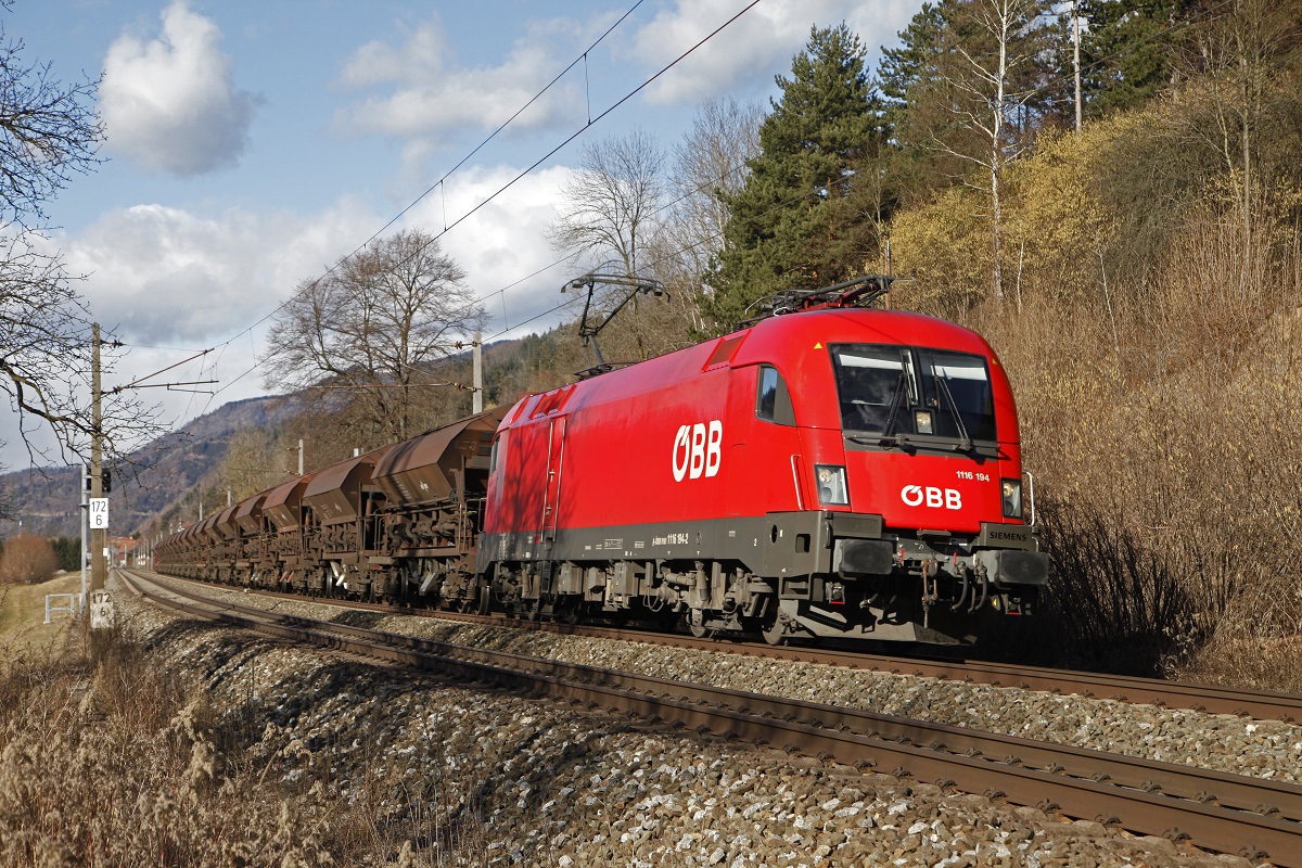 1116 194 mit Güterzug nahe Mixnitz-Bärenschützklamm am 30.01.2018.