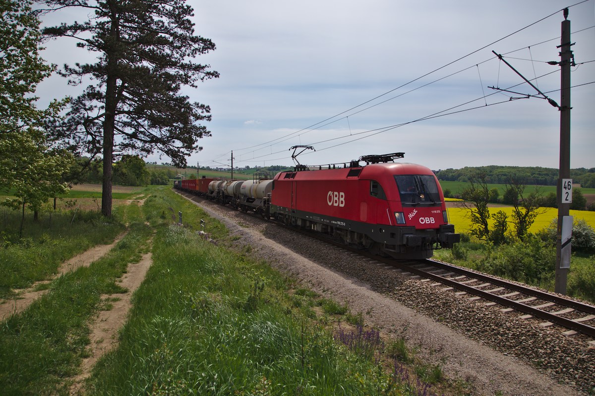 1116 275 mit der Aufschrift Max mit einem Güterzug aufgenommen zwischen Niederkreutstetten und Mistelbach. (09.05.2015)