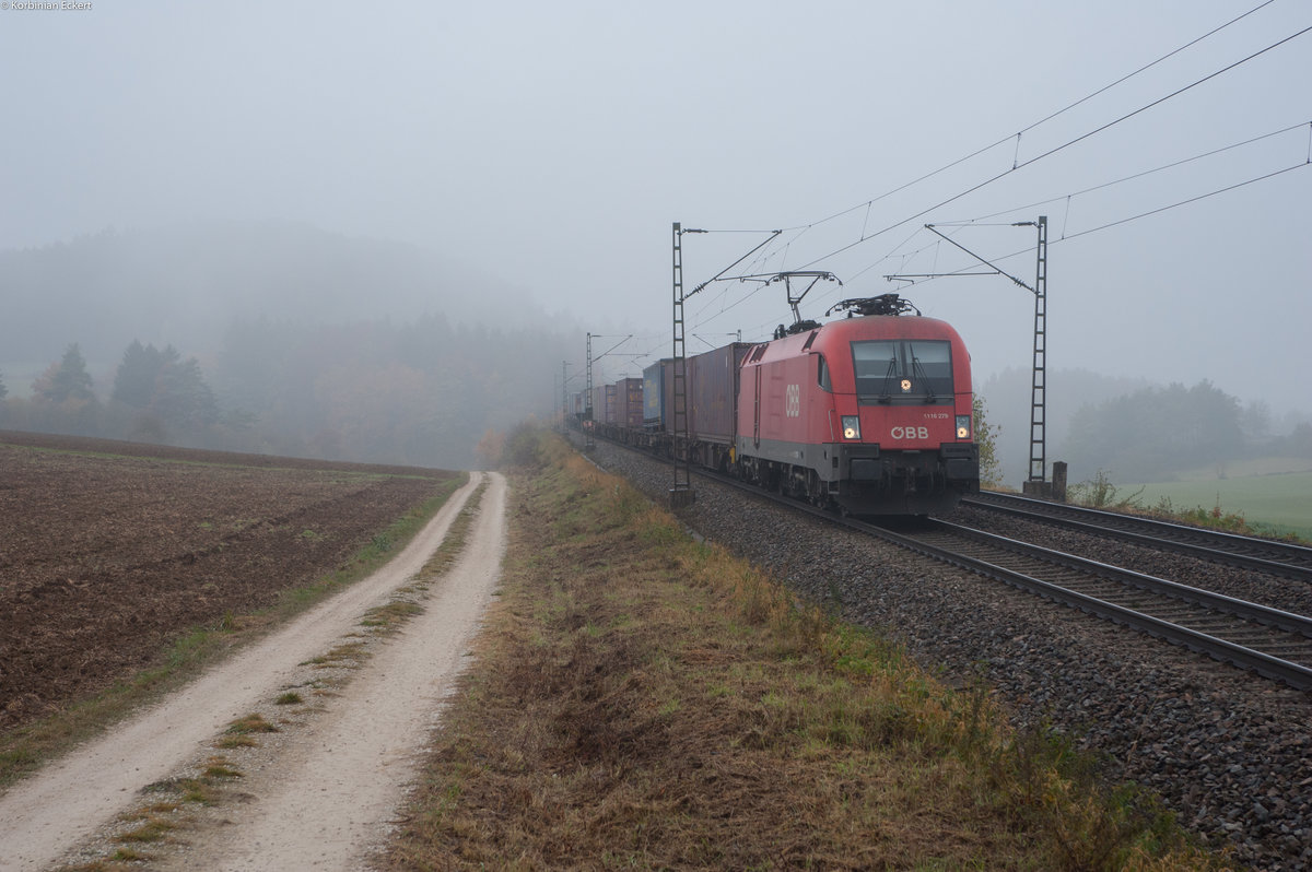 1116 279 mit einem KLV-Zug bei Parsberg Richtung Regensburg, 04.11.2016