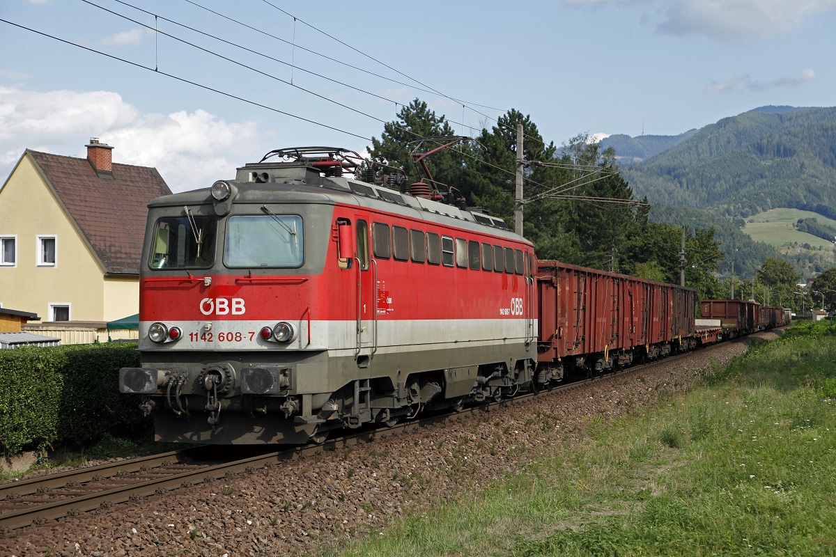 1142 608 mit Güterzug bei Leoben Donawitz am 4.09.2013.