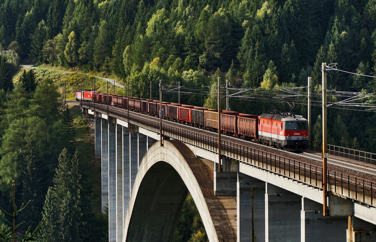 1144 059-3, 1116 088-6 und 1144 202-9 am Zugschluss, fahren auf der Pfaffenberg-Zwenberg-Brücke mit einem Güterzug den Tauern hinauf.
Aufgenommen am 11.9.2016, bei Penk.