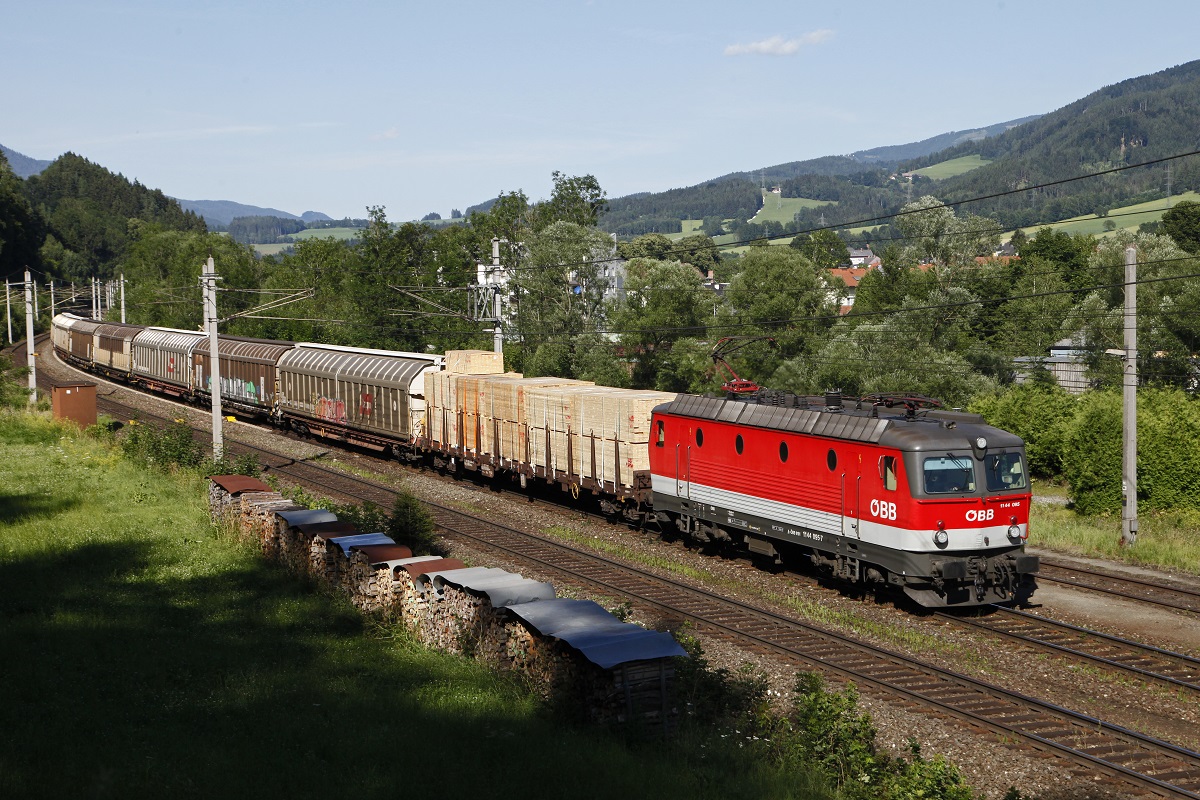 1144 095 mit Güterzug in Langenwang am 10.07.2015.
