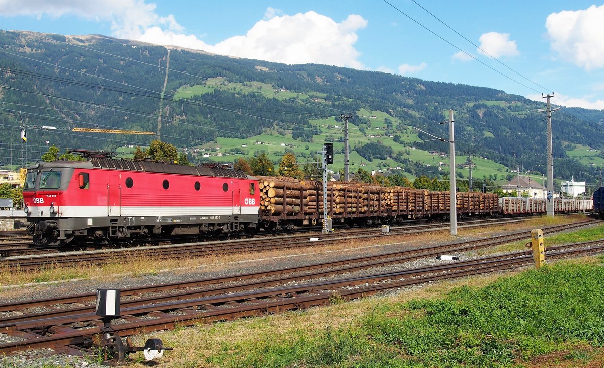 1144 223 steht am 19.September 2015 mit einem Holzzug am Bahnhof Lienz Osttirol