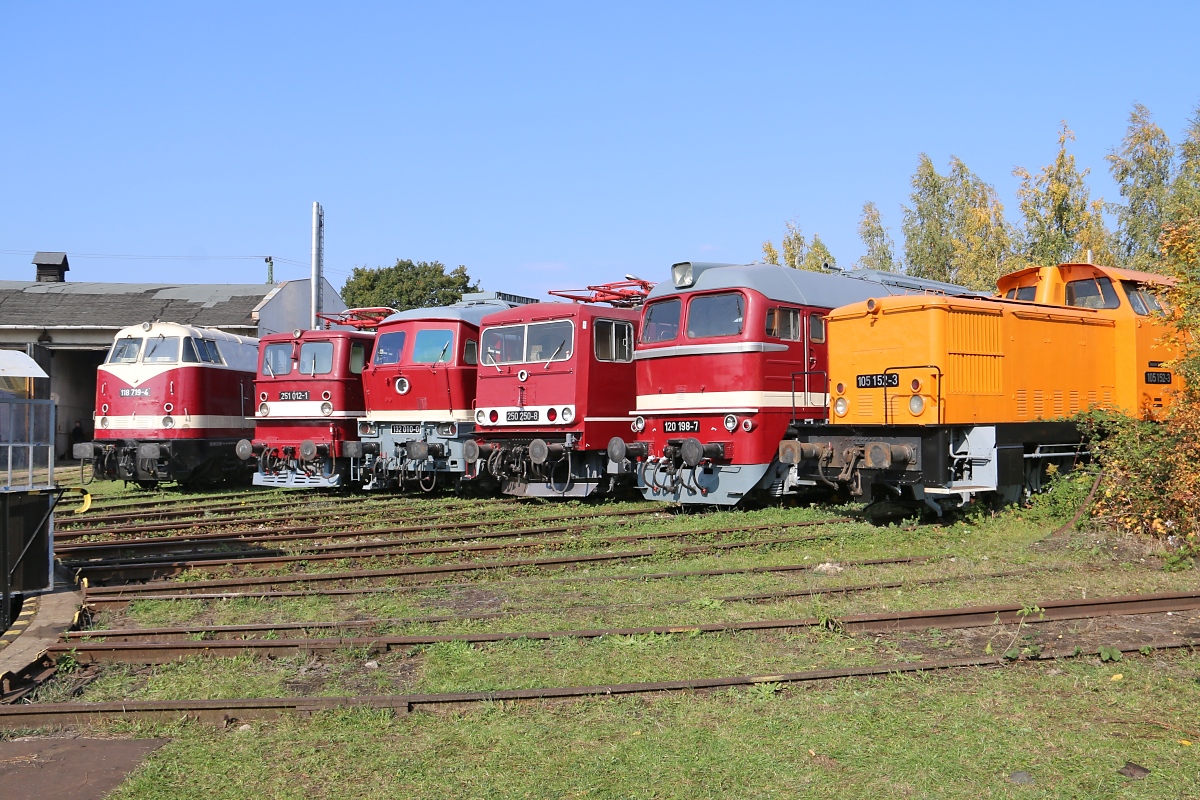 118 719-4, 251 012-1, 132 010-0, 250 250-8, 120 198-7 und 105 152-3 ausgestellt im Bahnbetriebswerk Weimar. Aufgenommen am Tag der offenen Tür am 10.10.2015.