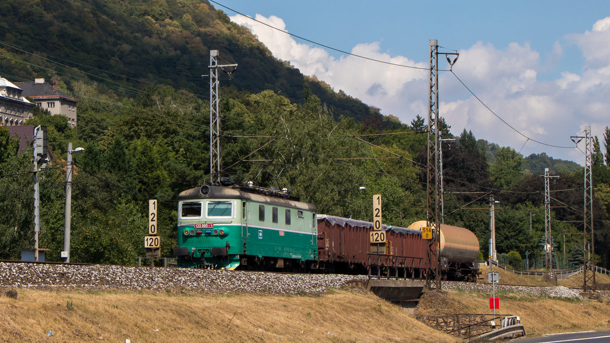 123 005-1 mit einem Modeleisenbahngerechten Güterzug. Abgelichtet am 14. Juli 2018 in Usti nad Labem.