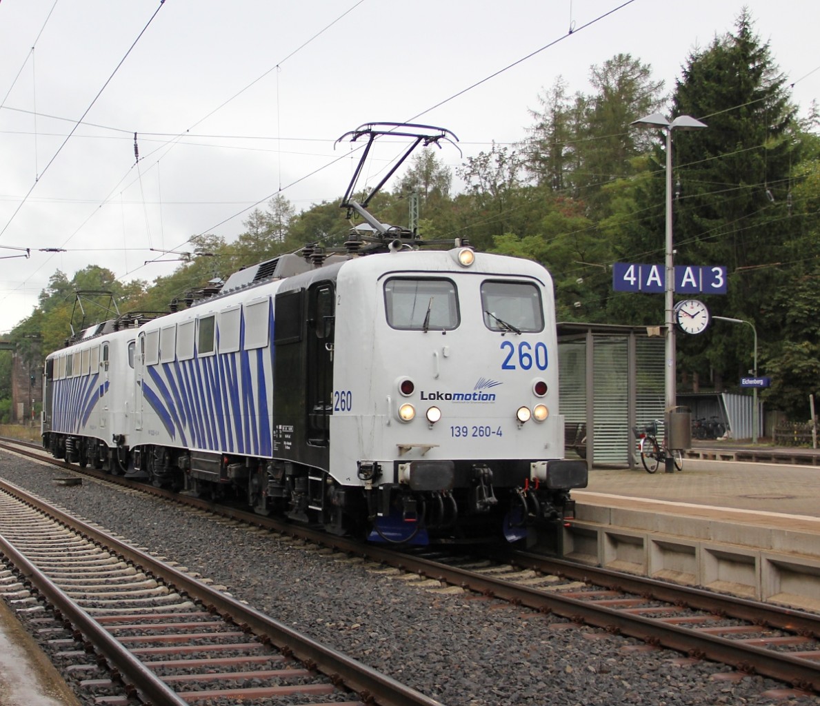 139 260-4 mit 139 213-3 der Lokomotion als Lokzug in Fahrtrichtung Norden. Aufgenommen am 14.09.2013 in Eichenberg.