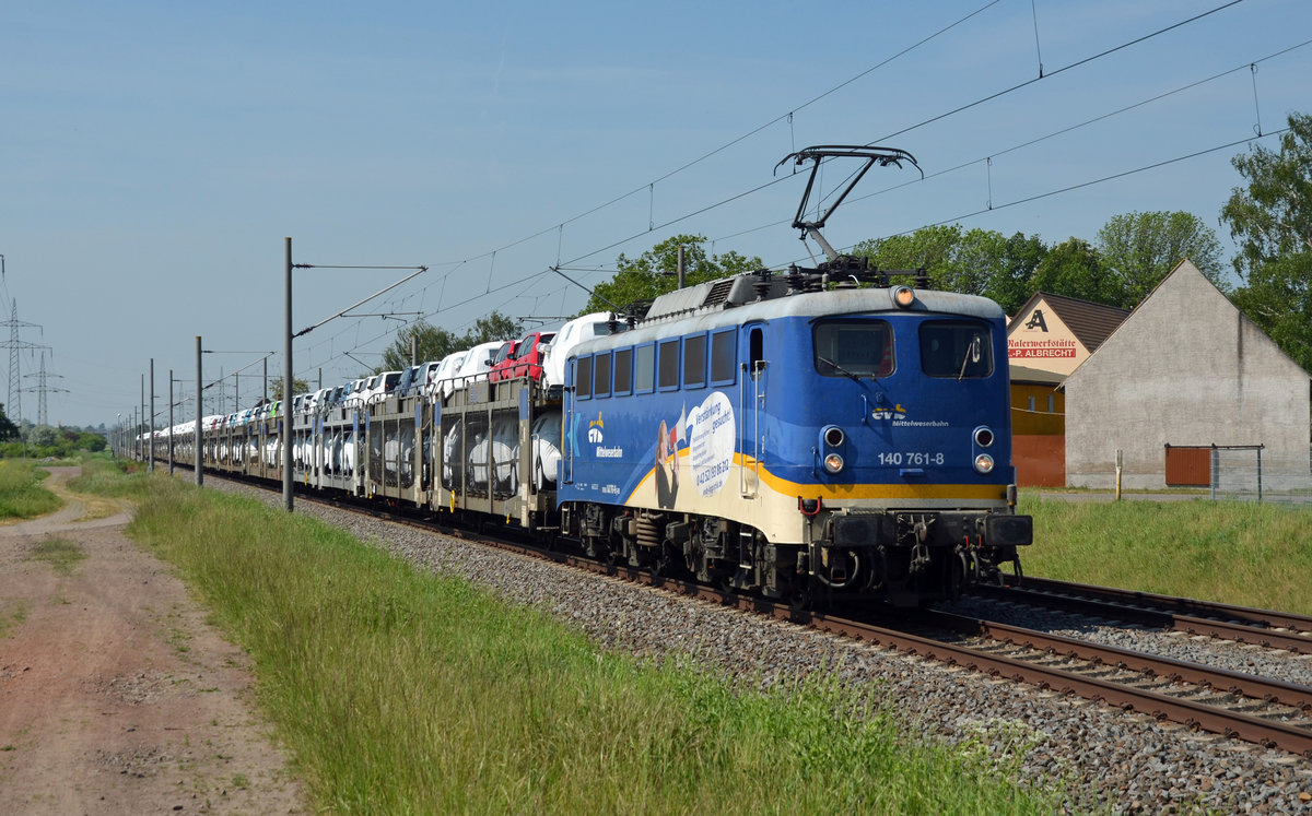140 761 der EVB schleppte am 13.05.18 einen BLG-Autozug durch Braschwitz Richtung Magdeburg.