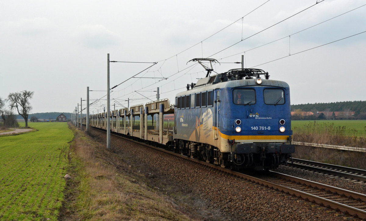 140 761 schleppte am 25.02.17 einen leeren BLG-Wagenpark durch Rodleben Richtung Roßlau. Ziel des Zuges war der BLG-Umschlagbahnhof Falkenberg/Elster.