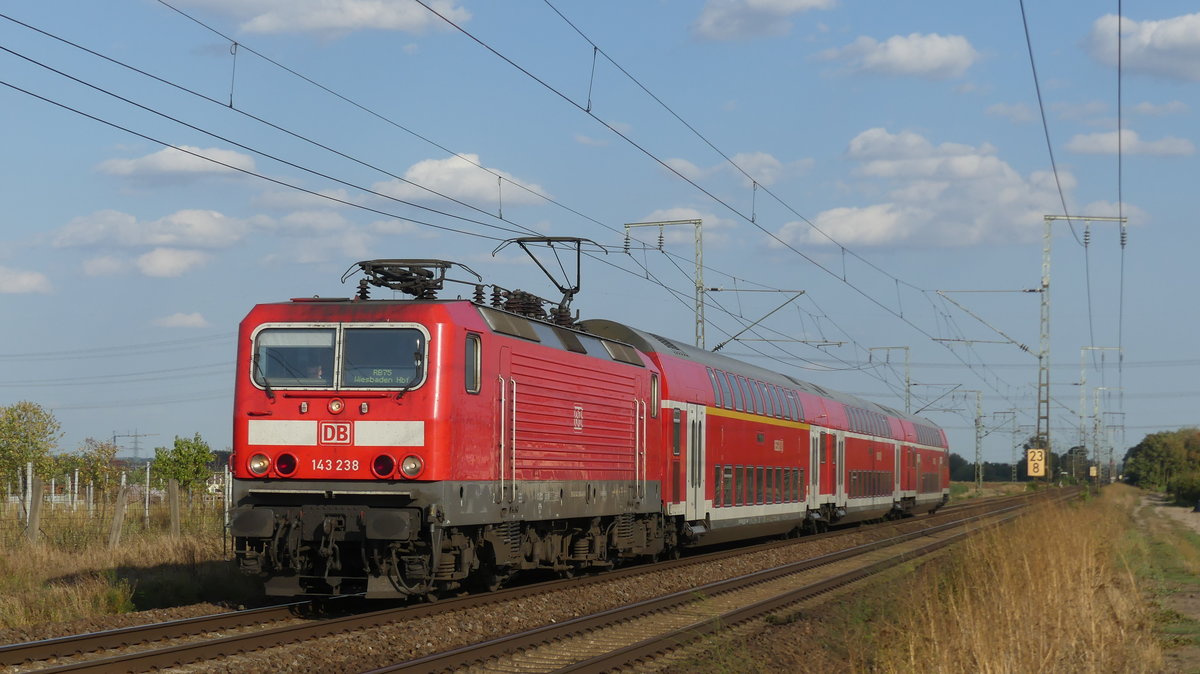 143 238 zieht eine RB75 nach Wiesbaden zwischen Weiterstadt und Klein-Gerau über die Rhein-Main Bahn. Aufgenommen am 19.9.2018 17:21