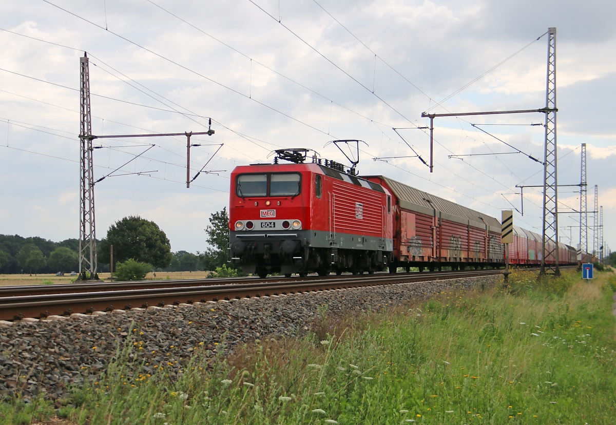 143 257-4 (MEG 604) mit geschlossenen DB Autotransportwagen in Fahrtrichtung Wunstorf. Aufgenommen am 29.07.2015.