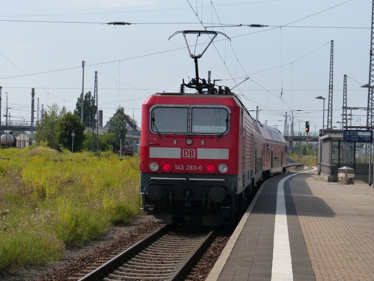 143 283-0 verlsst mit ihrer Regionalbahn den Bahnhof Nordhausen Richtung Leinefelde 17.08.2013