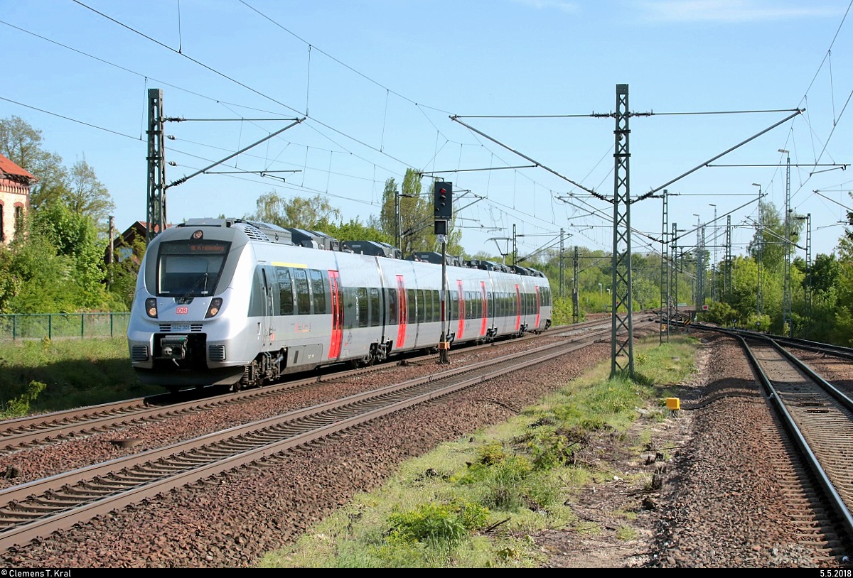 1442 301 (Bombardier Talent 2) der S-Bahn Mitteldeutschland (MDSB II | DB Regio Südost) als S 37256 (S2) von Leipzig-Stötteritz nach Lutherstadt Wittenberg Hbf bzw. RE14 von Leipzig-Stötteritz nach Falkenberg(Elster), später als RB 16141 (RB51) von Lutherstadt Wittenberg Hbf nach Falkenberg(Elster), durchfährt den Bahnhof Rackwitz(Leipzig) auf der Bahnstrecke Trebnitz–Leipzig (KBS 251). [5.5.2018 | 17:05 Uhr]