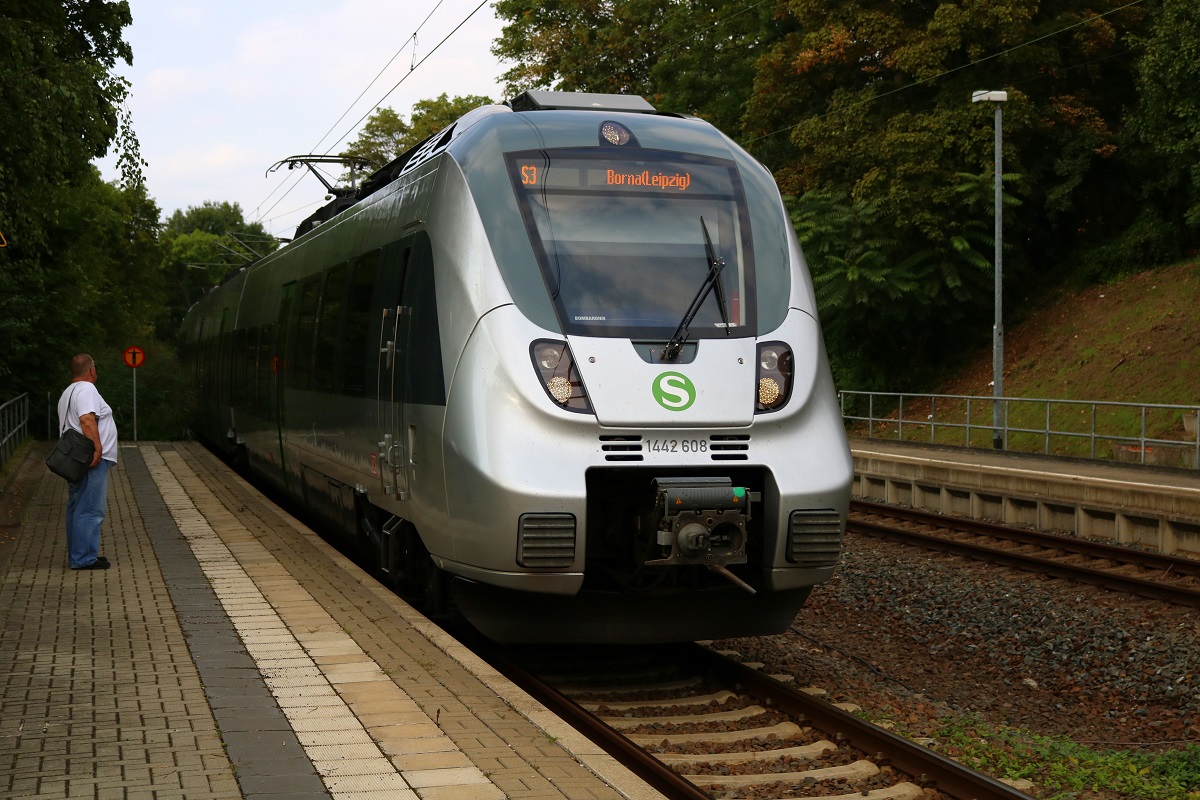 1442 608 und ein weiterer 1442 (Bombardier Talent 2) der S-Bahn Mitteldeutschland als verspätete S 37351 (S3) von Halle-Trotha nach Borna(Leipzig) fährt in den Haltepunkt Halle Steintorbrücke auf der Bahnstrecke Halle–Vienenburg (KBS 330) ein. [26.8.2017 - 16:46 Uhr]