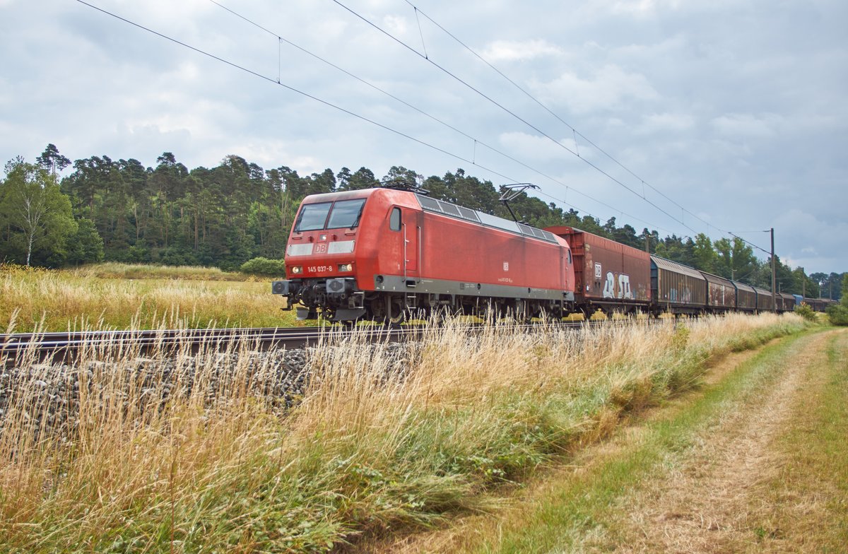 145 037-8 ist am 11.07.2018 mit einen Schiebewandzug in Richtung Würzburg unterwegs,gesehen bei Dörfle.