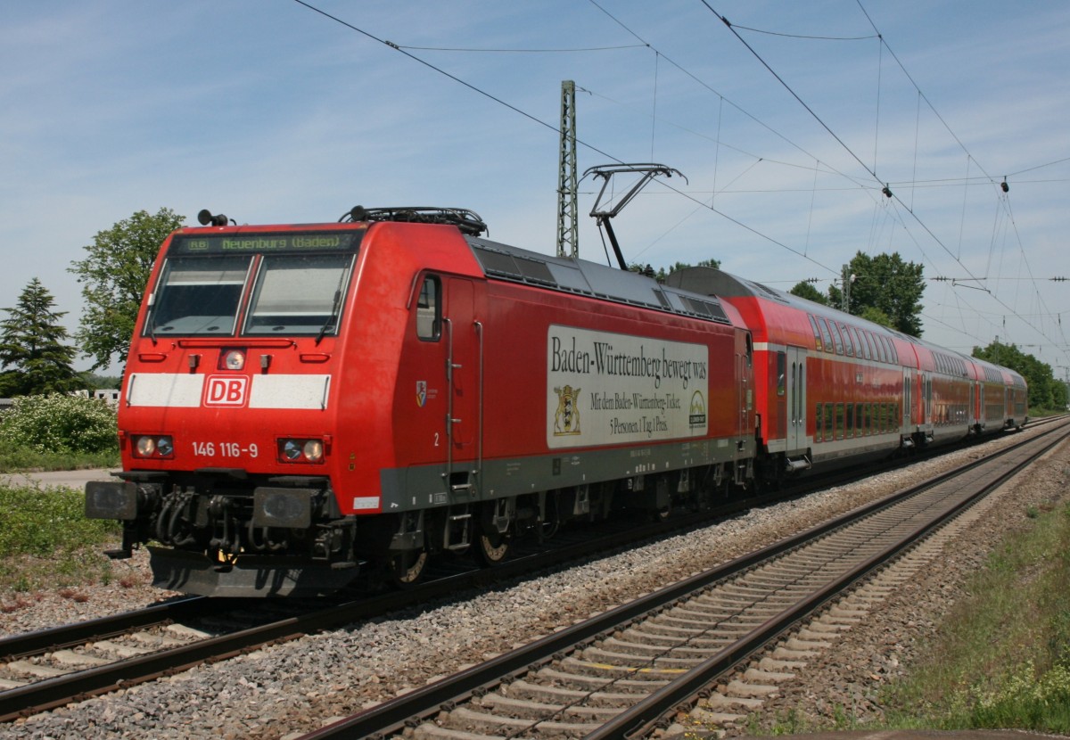 146 116 mit RB 26569 (Offenburg–Neuenburg [Baden]) am 09.05.2011 in Friesenheim (Baden)