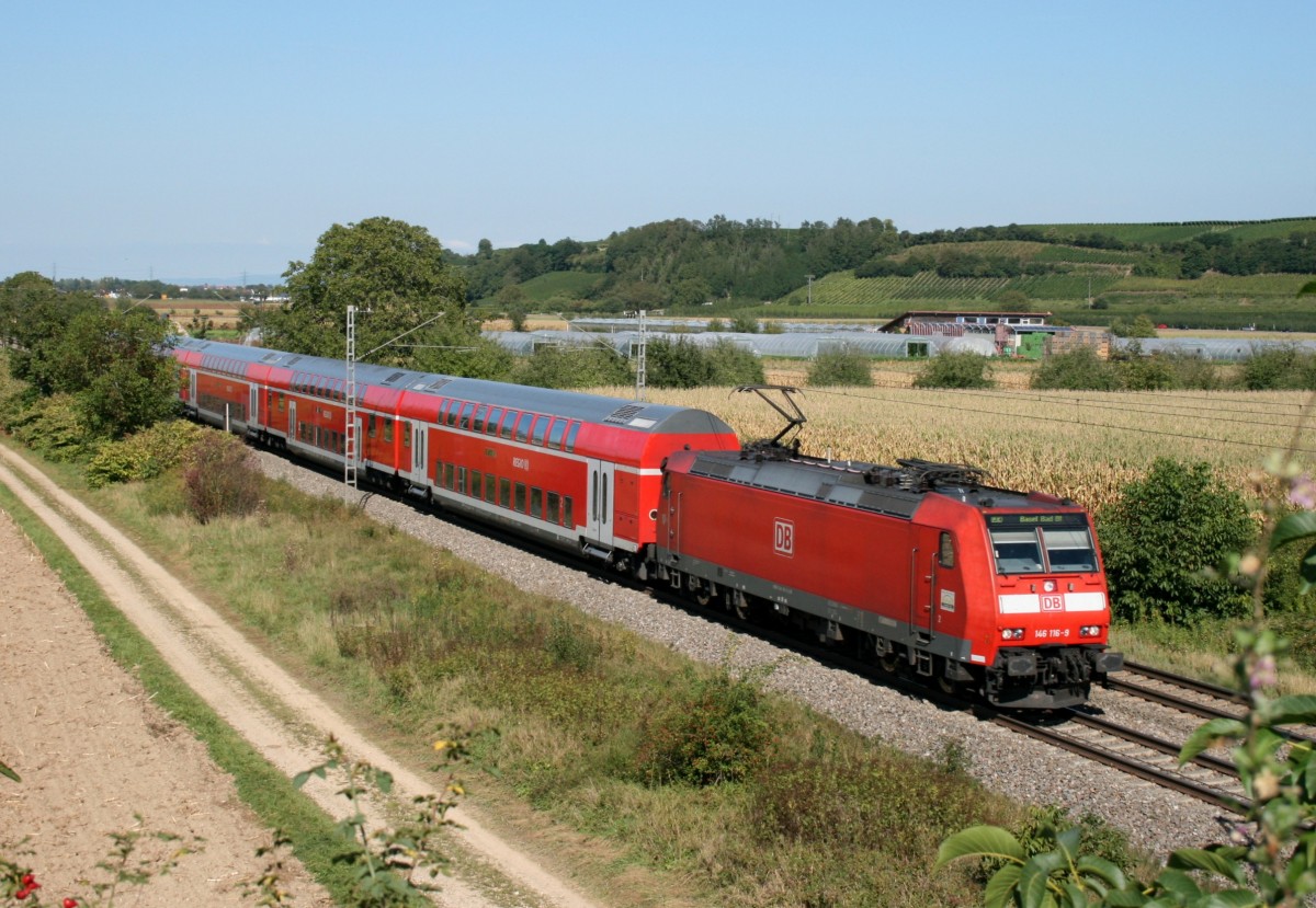 146 116 mit RE 5341 (Offenburg–Basel Bad Bf) am 16.09.2012 zwischen Buggingen und Mllheim (Baden)
