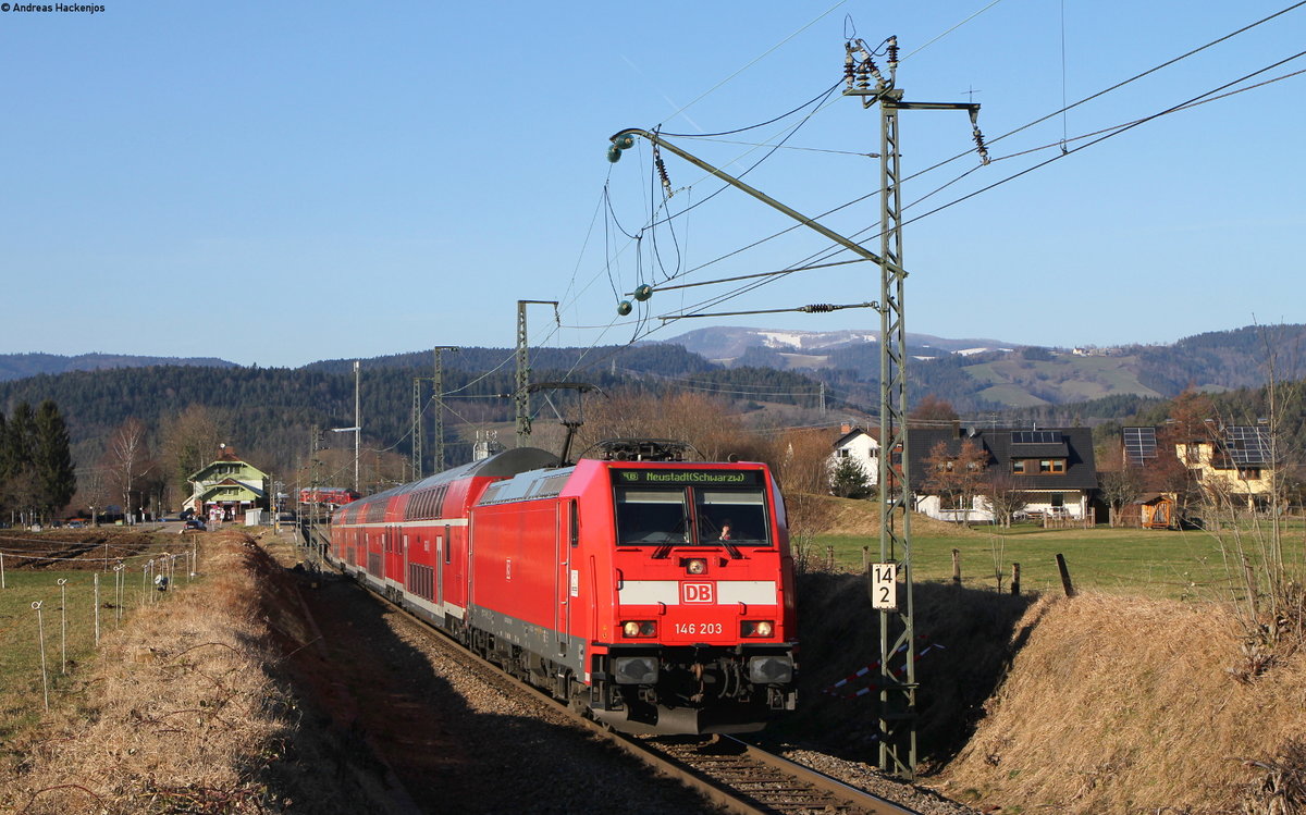 146 203-5 mit der RB 17223 (Freiburg(Brsg)Hbf-Neustadt(Schwarzw)) bei Himmelreich 24.2.18
