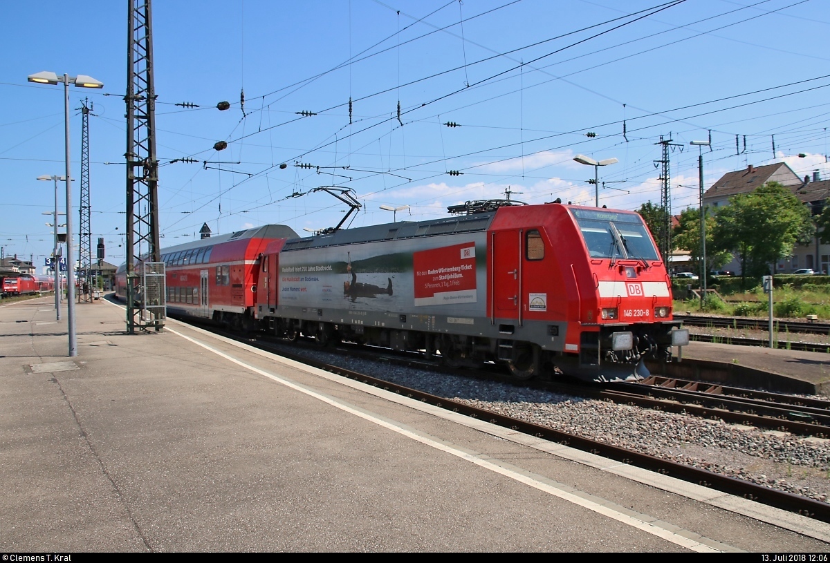 146 230-8  750 Jahre Radolfzell  von DB Regio Baden-Württemberg als verspäteter RE 4723 von Karlsruhe Hbf nach Konstanz verlässt den Bahnhof Offenburg auf Gleis 6.
[13.7.2018 | 12:06 Uhr]