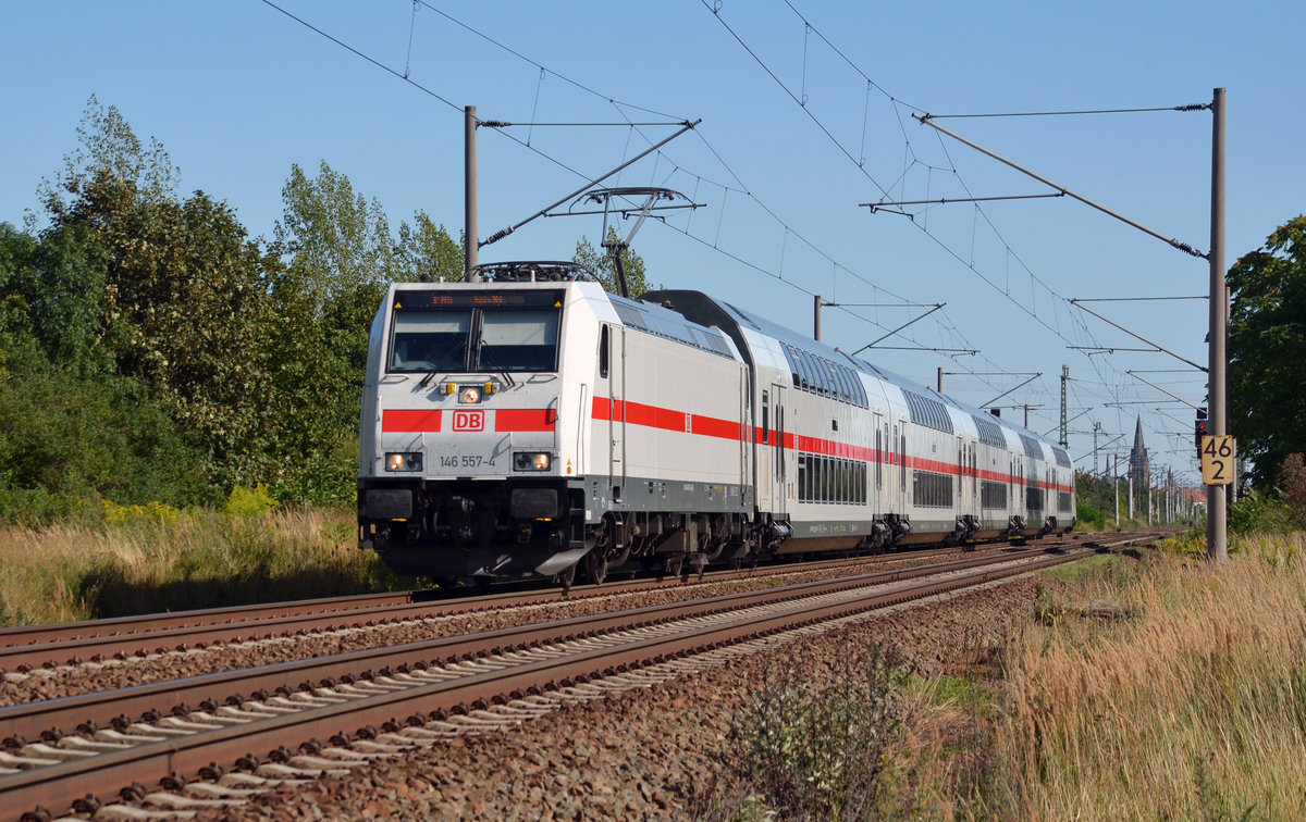 146 557 beförderte am 07.08.16 den IC 1934 nach Emden durch Greppin Richtung Dessau. Dies ist einer der wenigen Fernverkehrszüge die planmäßig über die Strecke Bitterfeld-Magdeburg verkehren.