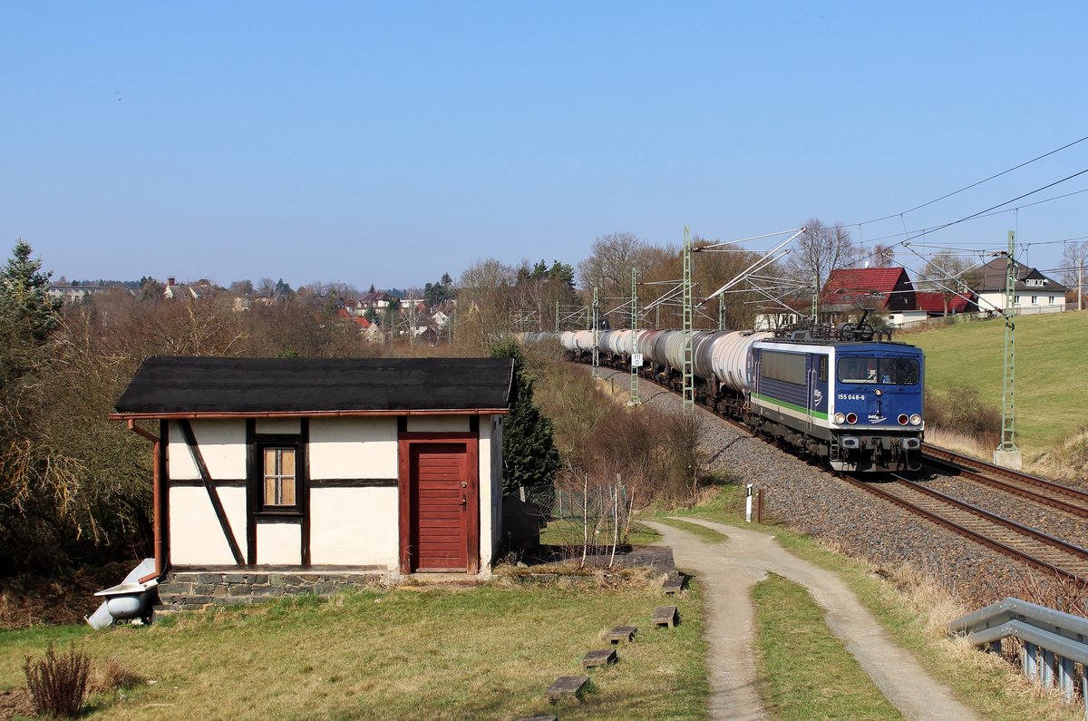 155 048-6 (IntEgro) zu sehen am 08.04.18 mit einem Kesselzug in Jößnitz/V. Gruß an den Tf zurück! 