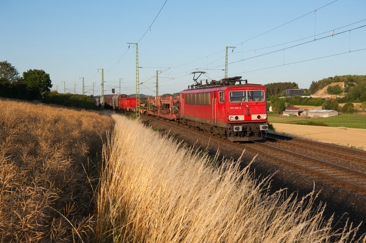 155 108 mit dem EZ 51619 von Zwickau nach Nürnberg Rbf bei Feilitzsch, 19.07.2018