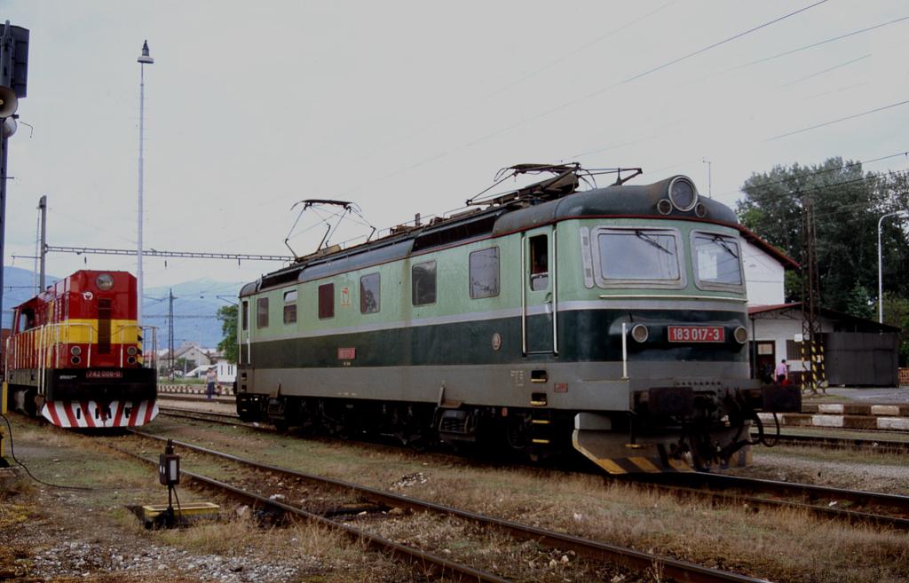 183017 wartet am 10.6.2004 aufgebgelt solo im Martin. Daneben steht abfahrbereit
mit einem Gterzug die 742006.