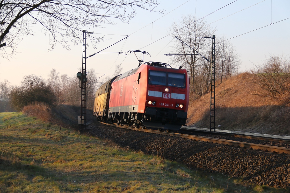 185 001 mit geschlossenen ARS-Autotransportwagen in Fahrtrichtung Norden. Aufgenommen am 13.03.2014 bei Niederhone.
