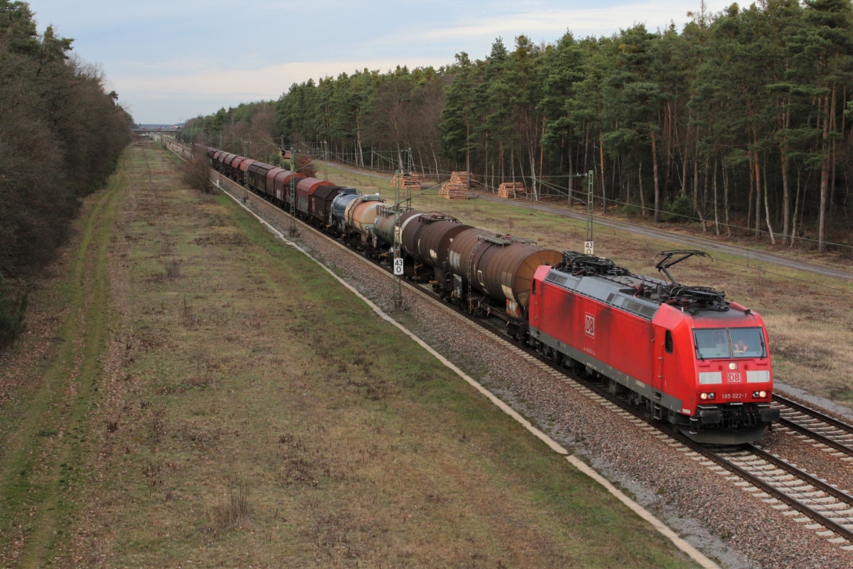 185 022 ist am 06.03.2019 mit einem gemischten Güterzug bei Graben-Neudorf in Richtung Süden unterwegs.