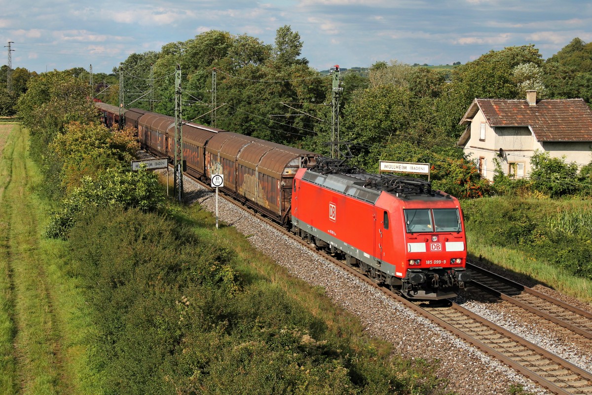 185 099-9 am 22.08.2014 in der Abendsonne mit einem gemischten Güterzug südlich von Müllheim (Baden) in Richtung Schweiz.