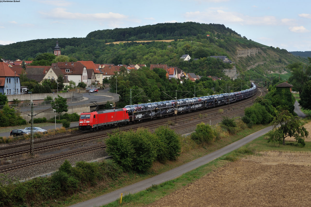 185 240-9 mit einem Autoganzzug bei Retzbach-Zellingen Richtung Gemünden (Main), 23.07.2015