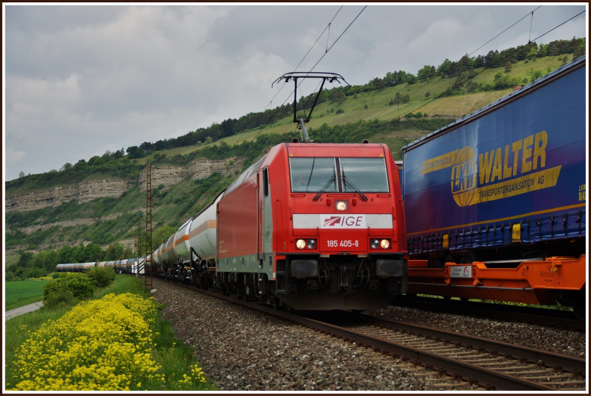 185 405-8 ist am 08.05.14 mit einen Gaskesselzug Richtung Süden unterwegs bei Thüngersheim.