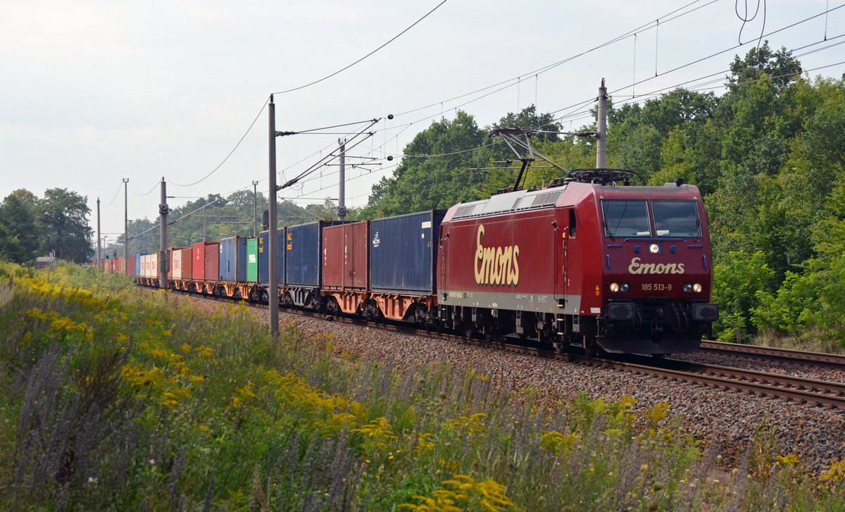 185 513 der Emons führte am 26.08.17 einen Containerzug durch Burgkemnitz Richtung Wittenberg.