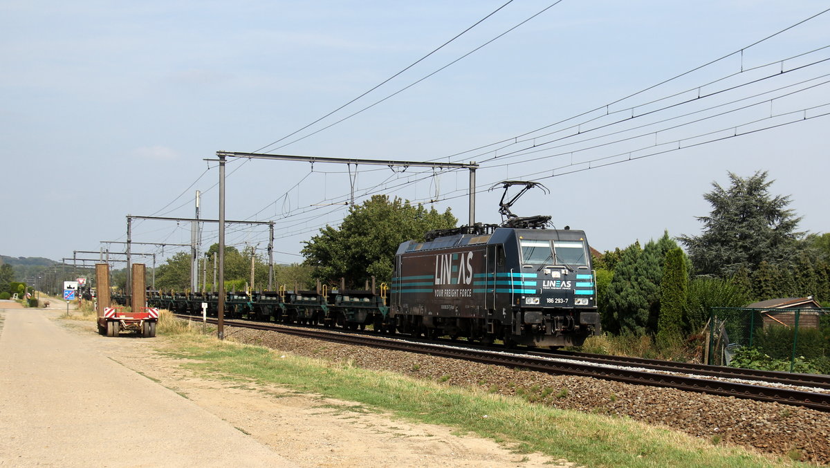 186 293-7 von Lineas kommt mit einem Brammenzug aus Genk-Zuid(B) nach Chatelet(B) und kommt aus Richtung Genk(B) und fährt durch S'Herenelderen(B) in Richtung Tongeren(B),Vise(B).
Aufgenommen an einem Weg in s'Herenelderen(B). 
Bei Sommerwetter am Nachmittag vom 16.8.2018.