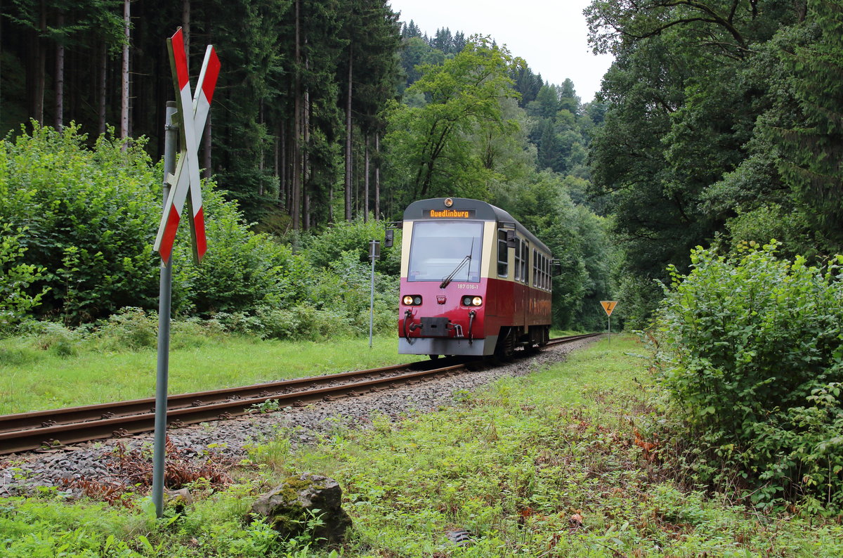 187 016 fährt kurz hinter dem Bahnhof Eisfelder Talmühle als P8972 (Nordhausen Nord - Quedlinburg) durch Beeretal.

Beeretal, 12. August 2017