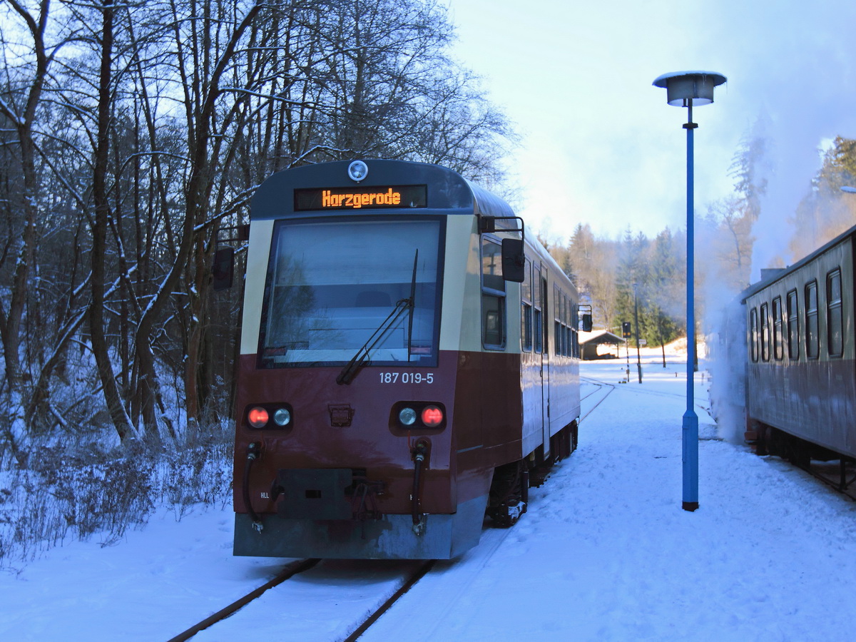 187 019-5 der Harzer Schmalspurbahnen nach Harzgerode steht am 22. Januar 2017 im Bahnhof Alexisbad.