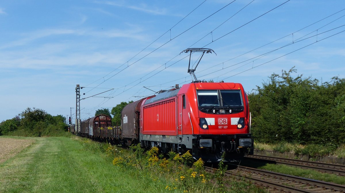187 107 zieht einen Güterzug auf der Main-Neckar Bahn gen Süden, hier zwischen Bickenbach und Hähnlein-Alsbach. Aufgenommen am 7.8.2017 15:20
