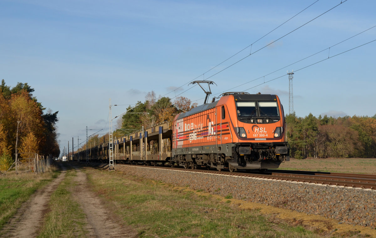 187 500 der HSL führte am 14.11.18 einen leeren BLG-Autozug durch Marxdorf Richtung Zeithain.